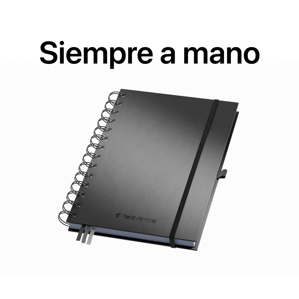 boligrafo metalico negro premium northplanner junto a agenda de organizacion