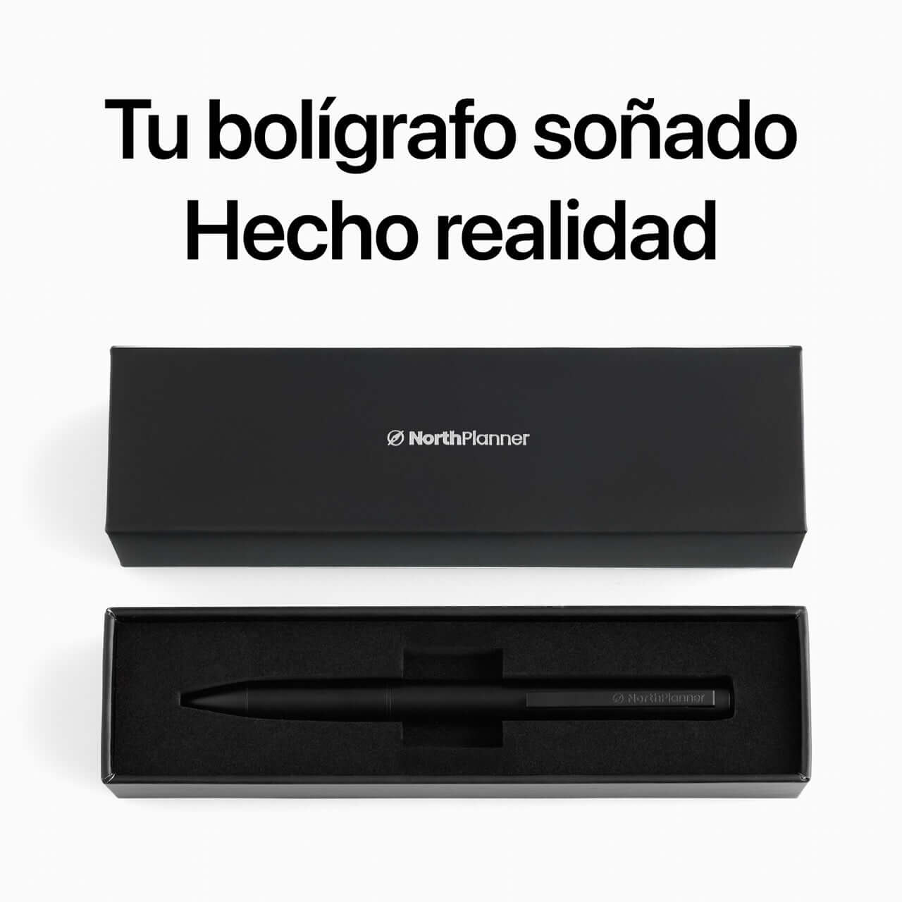 Bolígrafo NorthPlanner en caja elegante, bolígrafo metalico negro premium listo para escribir.