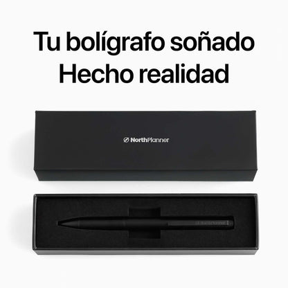 Bolígrafo NorthPlanner en caja elegante, bolígrafo metalico negro premium listo para escribir.